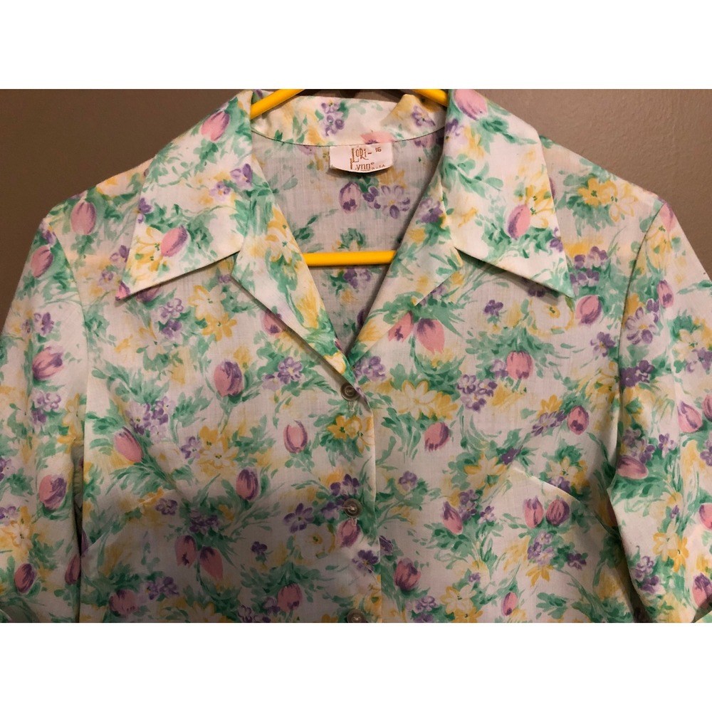 Vintage Lori-Lynn Floral Tulip Button Up Blouse Short Sleeve Pink Green Size 16